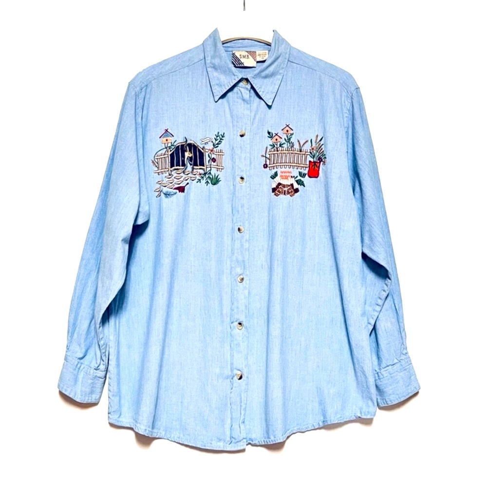 Vintage Denim Button Down Shirt Womens Embroidered Novelty Cottagecore Plus 1X - Picture 1 of 7